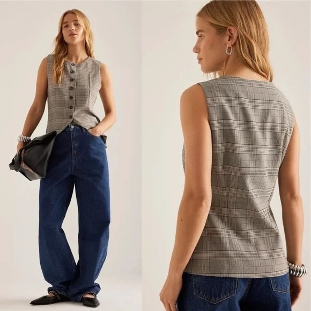 Anthropologie Plaid Mod Button Front Long Vest  Sz‎ L